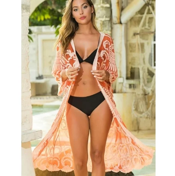 Long Flowy Lace Kimono Cardigan Boho Style Open Cover Ups Orange - Picture 5 of 6